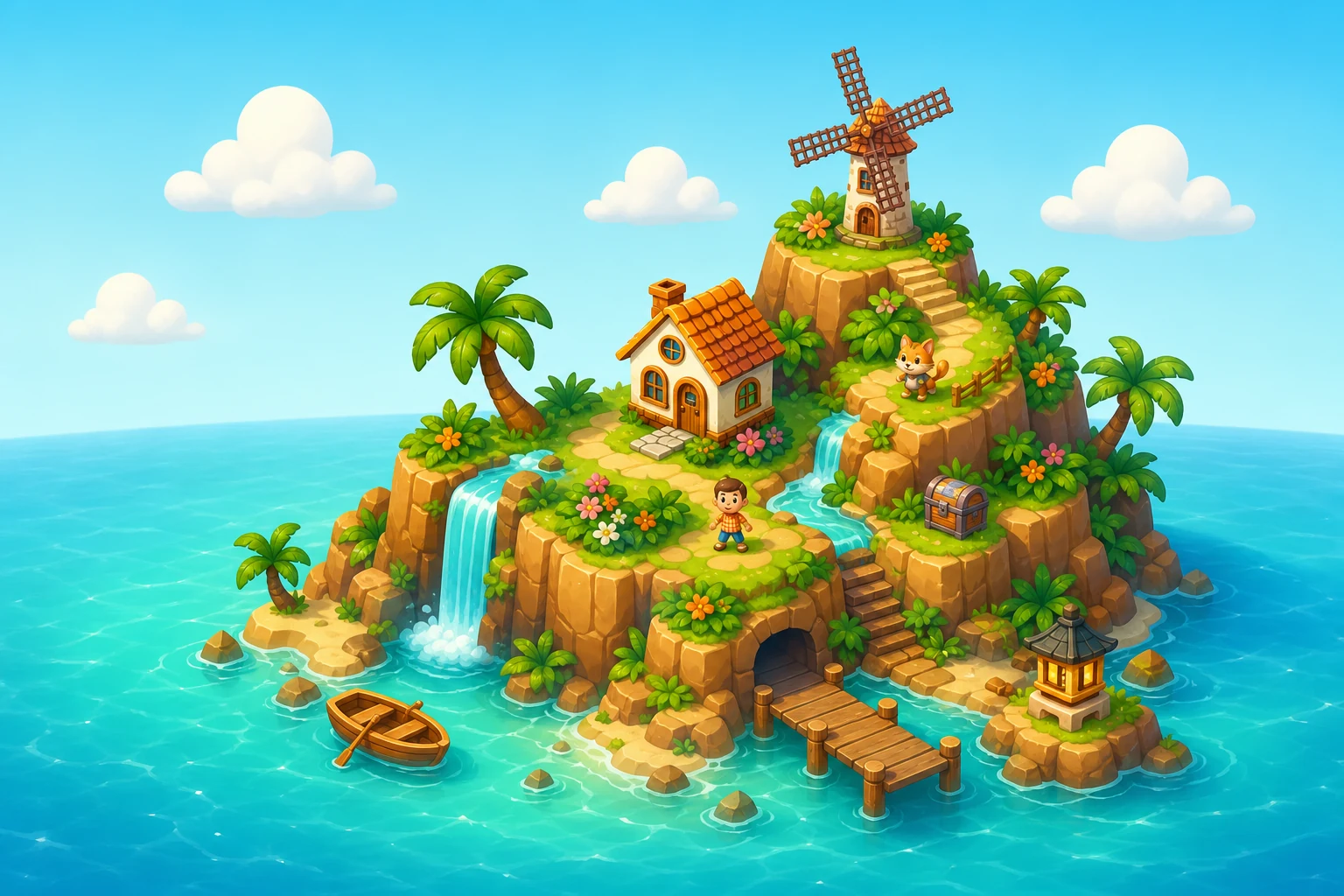 Aerial artwork of a decorated tiny island world