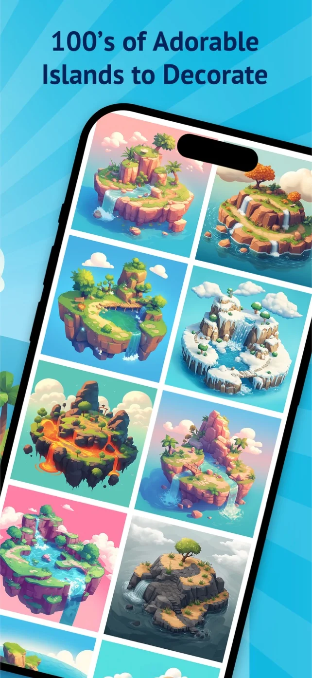 Island selection gallery showing tropical, forest, snowy, volcanic, pink and rocky islands in a two-column grid