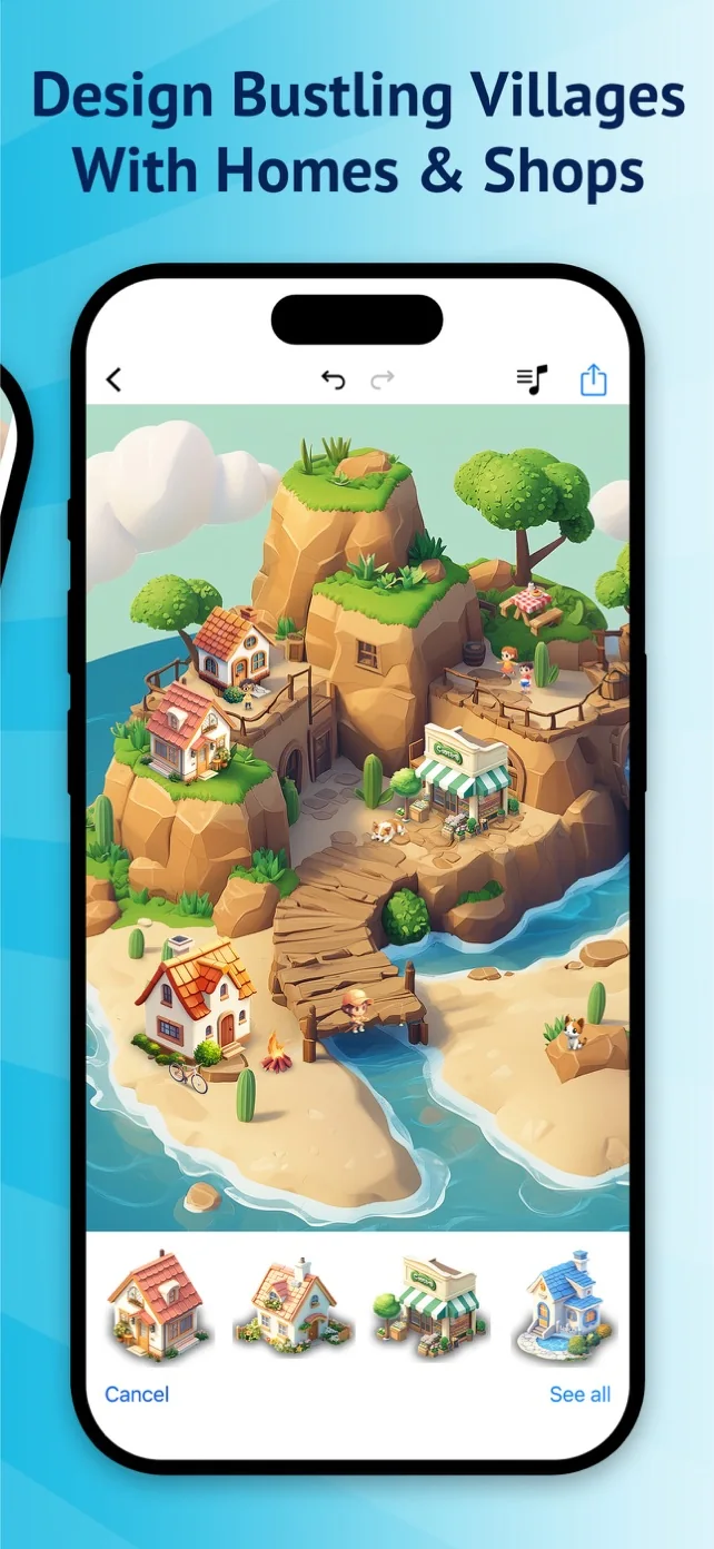 Island editor showing a desert cliff village with homes, a shop, paths and characters, plus a carousel of building objects