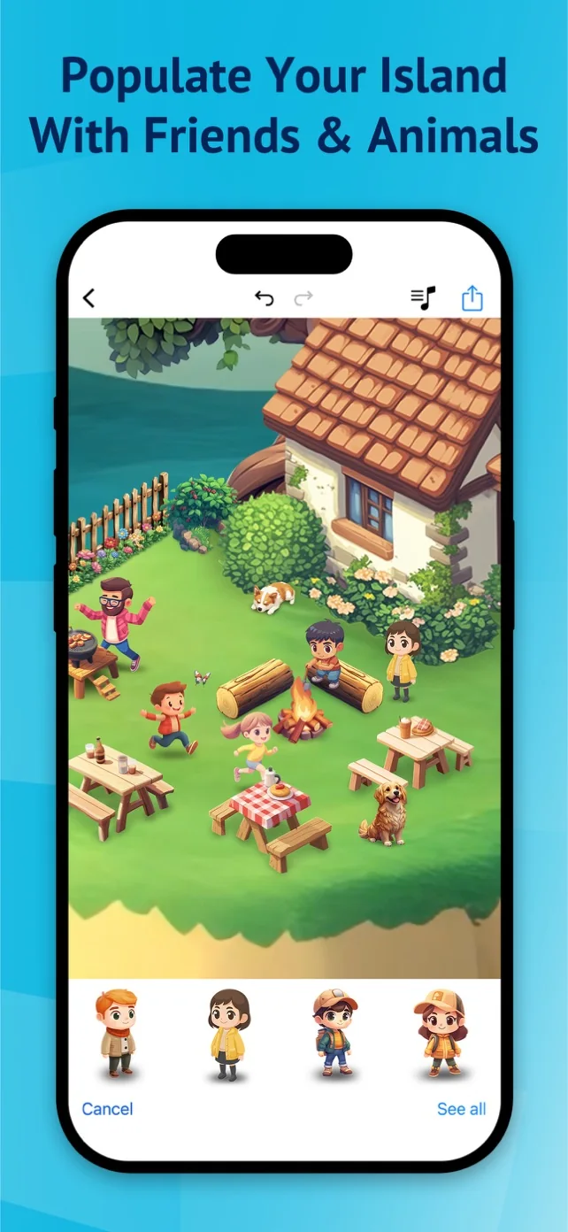 Island editor showing friends, a dog and a cat gathered around a campfire and picnic tables, plus a carousel of character objects